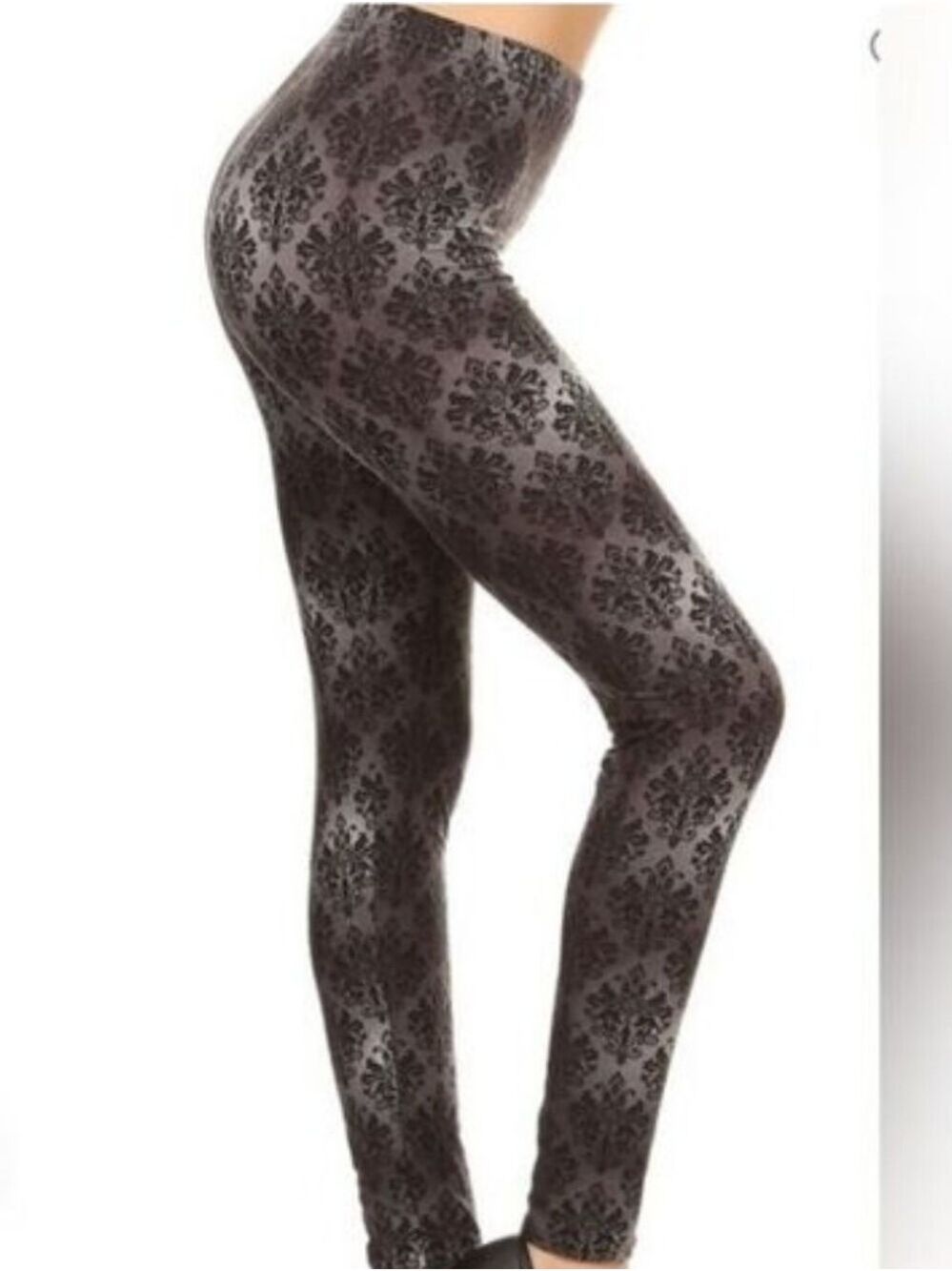 LEGGINGS DEPOT Demask Black Silver Grey Full Length Leggings Size 12 NWT